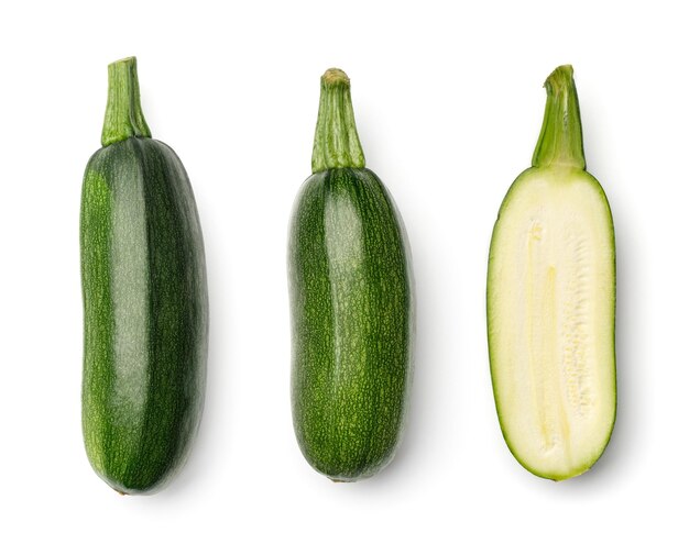 Sammlung von Zucchini isoliert auf weißem Hintergrund. Satz mehrerer Bilder. Teil einer Serie