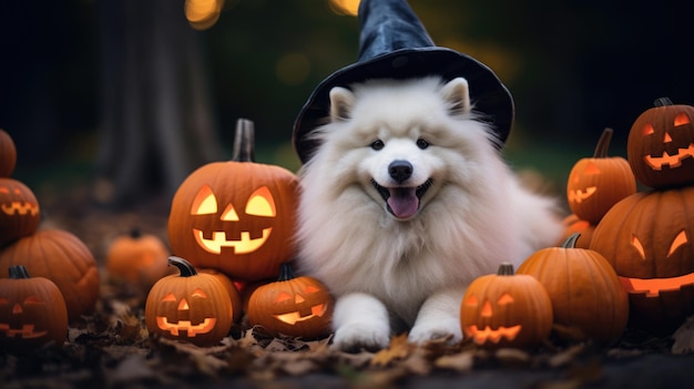 Samojeden-Zuchthund im Halloween-Kostüm im Wald, umgeben von Kürbislaternen