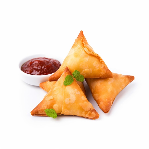 Una samosa cerca del ketchup en una vista frontal de fondo blanco