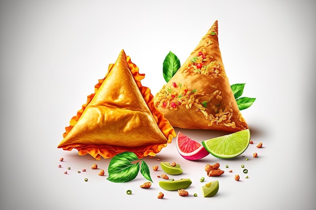 Samosa e pakora duas iguarias indianas ou paquistanesas picantes isoladas em um pano de fundo branco