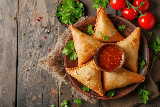 samosa en un plato con salsa y tomates vista horizontal desde arriba estilo rústico