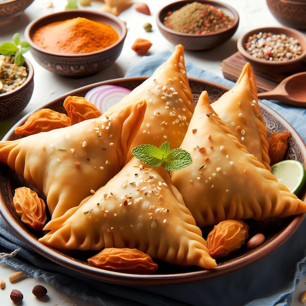 Samosa preparada em uma tigela com especiarias e molho Generative ai