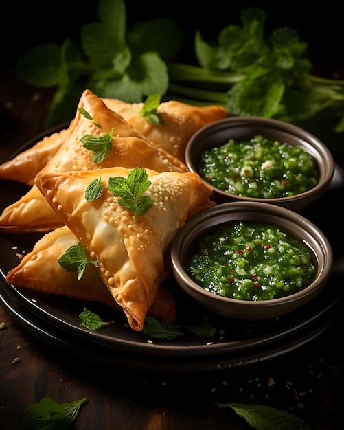 Samosa Snack With Mint Chutney Coriander Leaves Spicy and Ta India Culinary Culture Layout Website (Almoço de Samosas com Chutney de Menta e Folhas de Coriandro Espinhoso e Ta Índia)