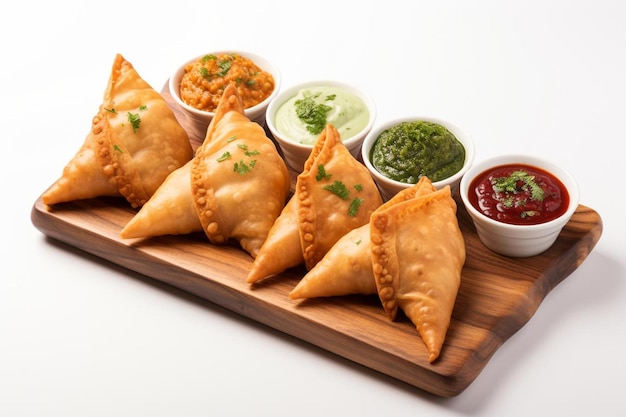 Samosa-Trio Verschiedene Güte auf weißem Hintergrund Samosa-Bildfotografie