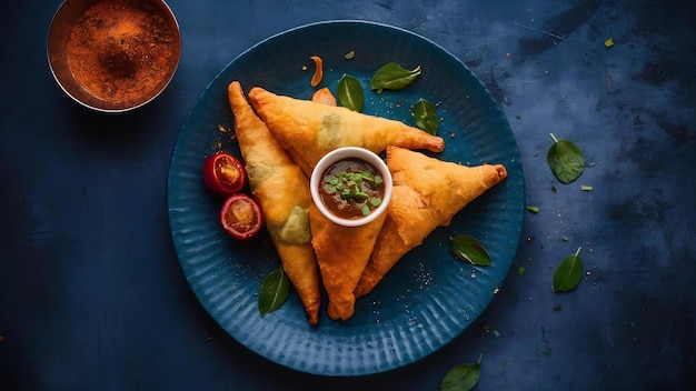 Foto samosa veg es un bocadillo indio crujiente y picante en forma de triángulo que tiene una capa exterior crujiente de maida