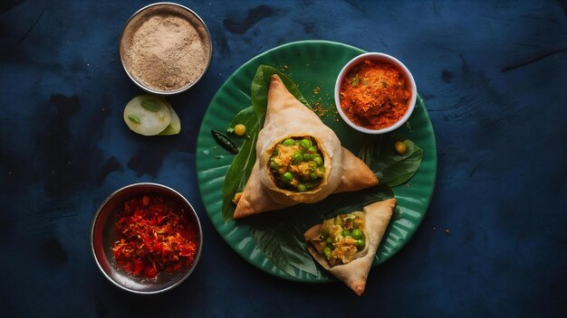 Foto samosa veg es un bocadillo indio crujiente y picante en forma de triángulo que tiene una capa exterior crujiente de maida