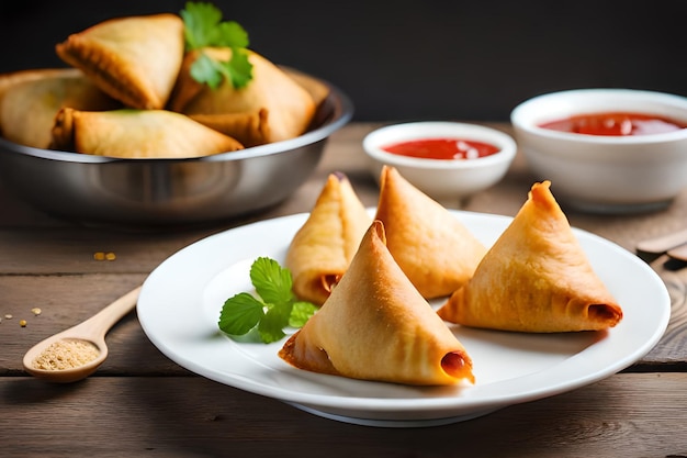 Samosas auf einem Teller mit Saucen als Beilage