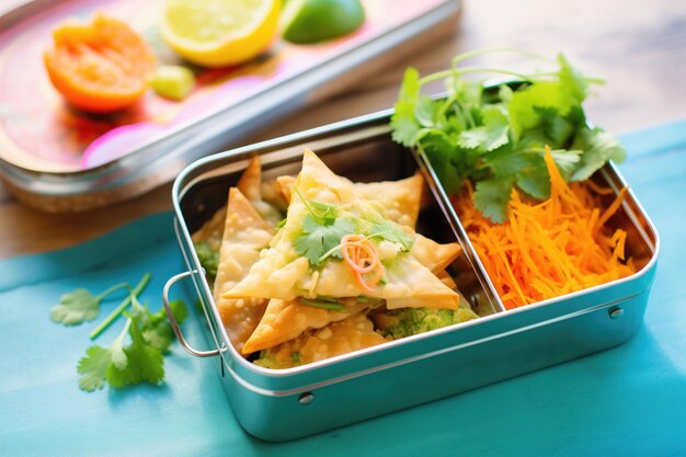 Samosas en una caja de almuerzo con palitos de zanahoria