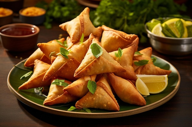 Foto samosas dispostas em um prato com galhos de hortelã fresca para guarnição