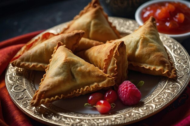 Samosas dispostas em um prato com liches fatiadas