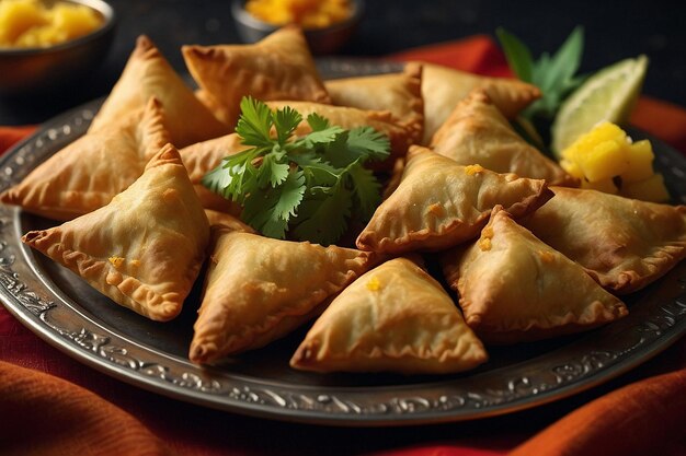 Foto samosas dispostas em um prato com pedaços de abacaxi