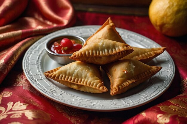 Foto samosas dispuestas en una bandeja con mitades de lichi