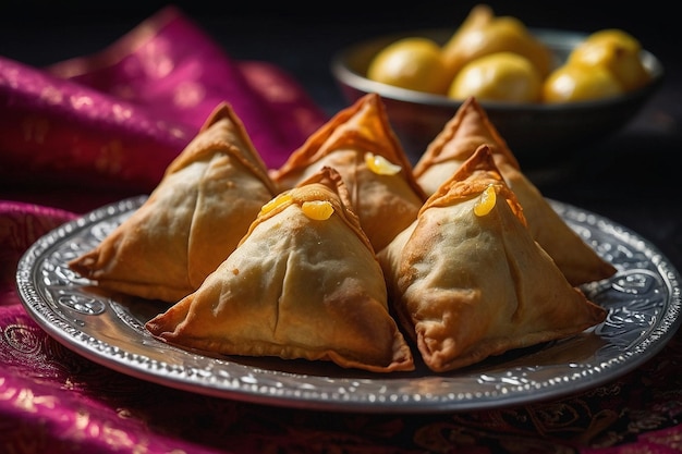 Foto samosas dispuestas en una bandeja con mitades de lichi