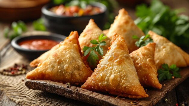 Samosas fritas con relleno de verduras, bocadillos indios populares sobre tabla de madera