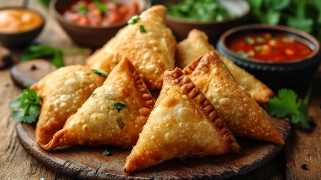 Samosas fritas con relleno de verduras, bocadillos indios populares sobre tabla de madera