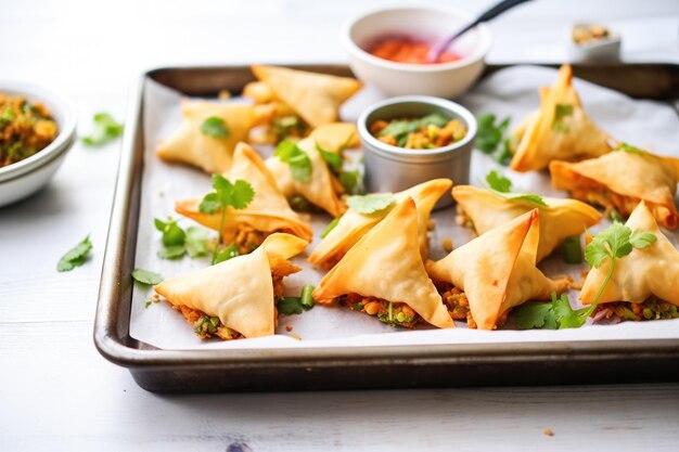 Foto samosas horneadas en papel de pergamino en una bandeja de horneado