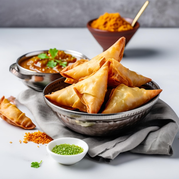 Samosas indianas deliciosas com chutney em uma tigela com fundo branco