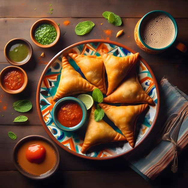 Samosas mit Soßen auf einem Teller