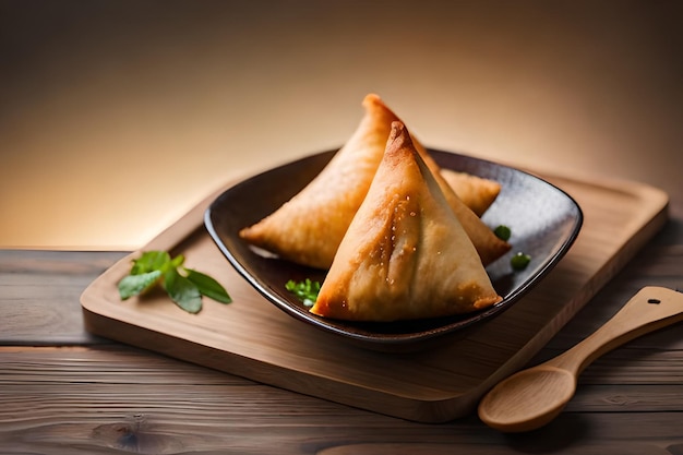 Samosas en un plato con una cuchara de madera