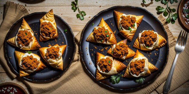 Samosas rellenas sobre plato de madera rústica listas para comer