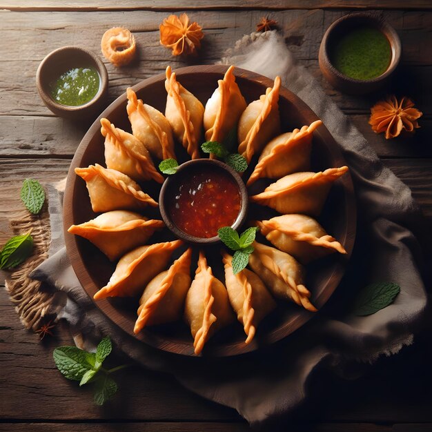 Samosas con salsas en un plato