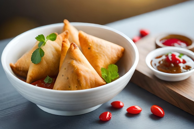 Samosas são servidas em uma tigela com um lado de molho.