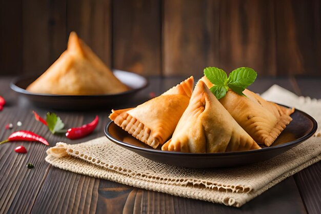 Samosas sobre una mesa con un plato de guindilla sobre la mesa