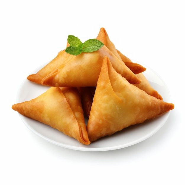 Samosas triangulares de alta calidad en plato blanco