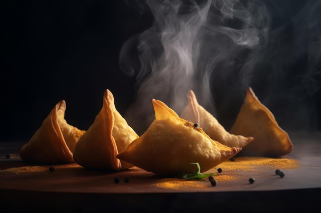 Foto samosas con vapor subiendo