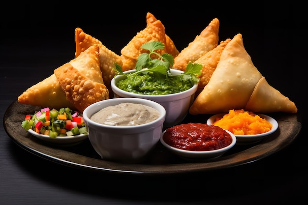 Samosas de verduras de colores con salsas de chutney