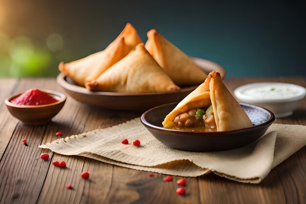 Samosas werden auf einem Tisch mit einer Schüssel Sauce und einer Schüssel Chutney serviert.