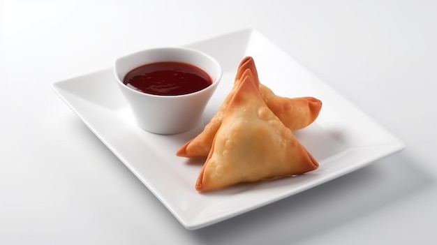 Samosas werden mit einer Beilage Ketchup serviert.