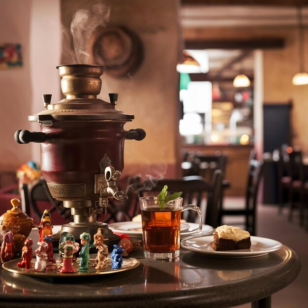 Foto samovar de vista lateral com um copo de chá e estatuetas e baklava na mesa do restaurante