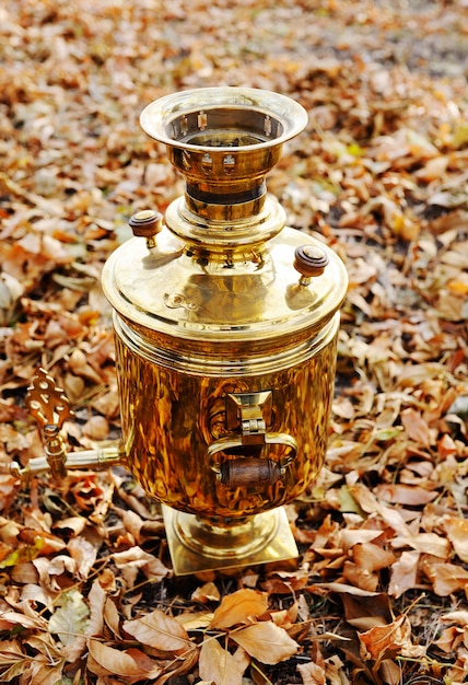 Samovar dourado no fundo das folhas de outono