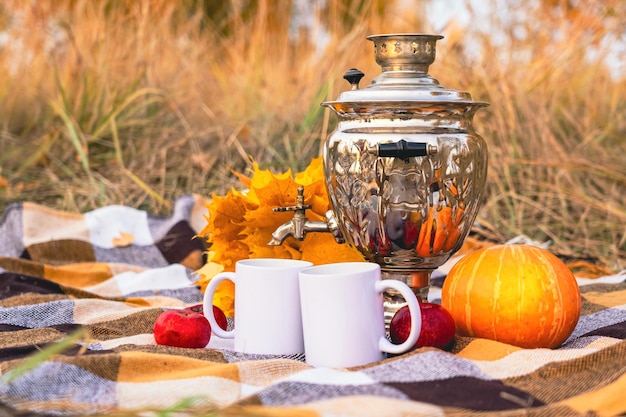 Un samovar ruso en un picnic en otoño. Equipo para preparar té en un picnic en Rusia, una tradición nacional rusa.