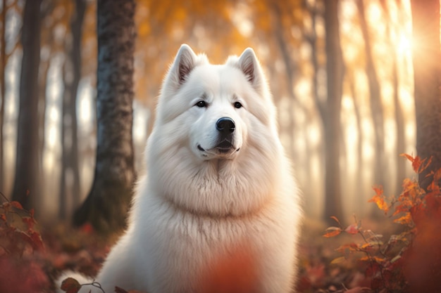 Samoyed-Hundewanderungen im Herbstwald Schönes weißes Hundeporträt