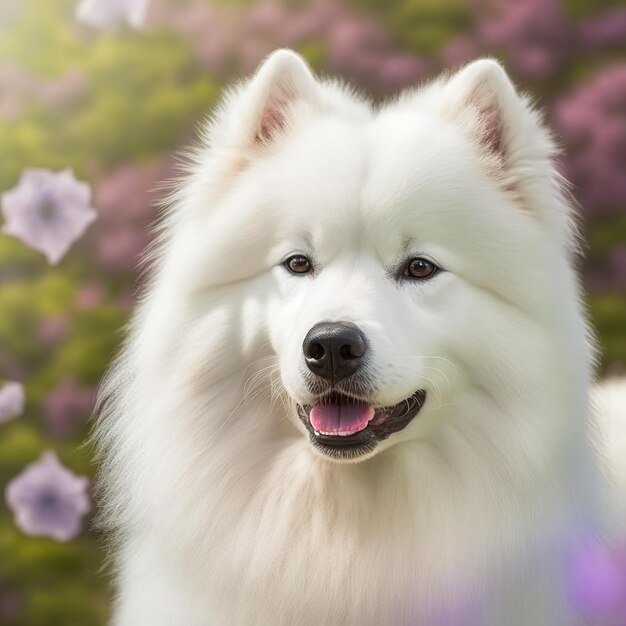 Samoyedo realista sobre un deslumbrante fondo natural al aire libre