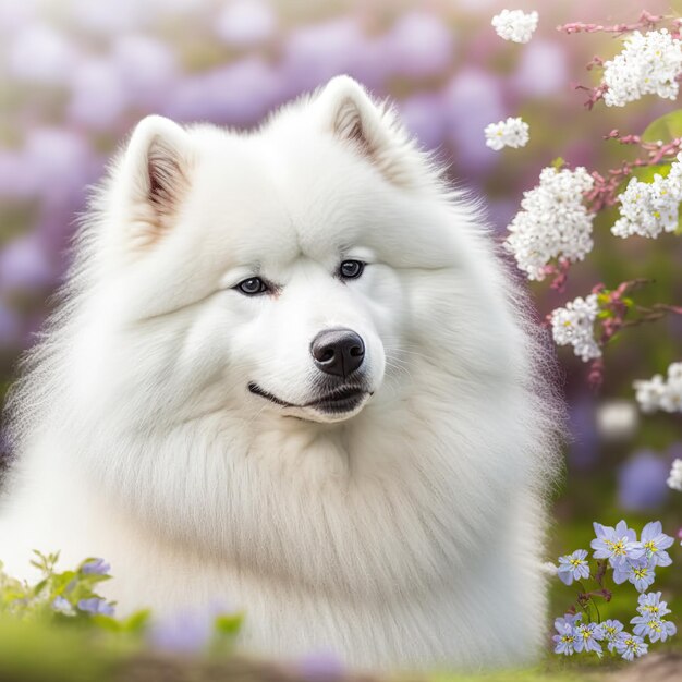 Samoyedo realista sobre un deslumbrante fondo natural al aire libre