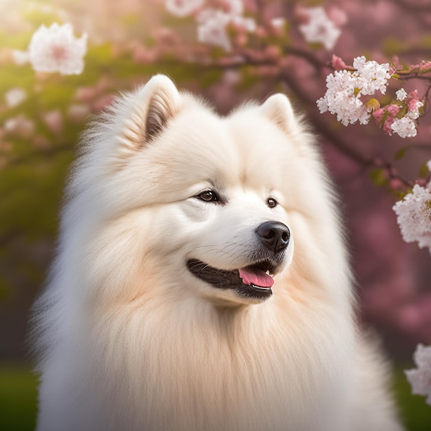 Samoyedo realista sobre un deslumbrante fondo natural al aire libre