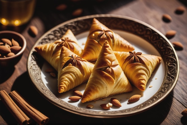 Foto samsa a samsa argelina é um bolo doce que se assemelha a um pequeno triângulo ou cone