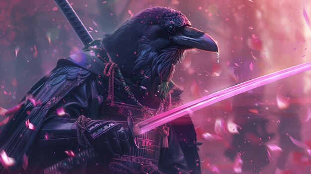 Foto samura corvo com uma espada de néon nas mãos