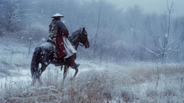 Foto samurai a cavalo suaves tons de inverno