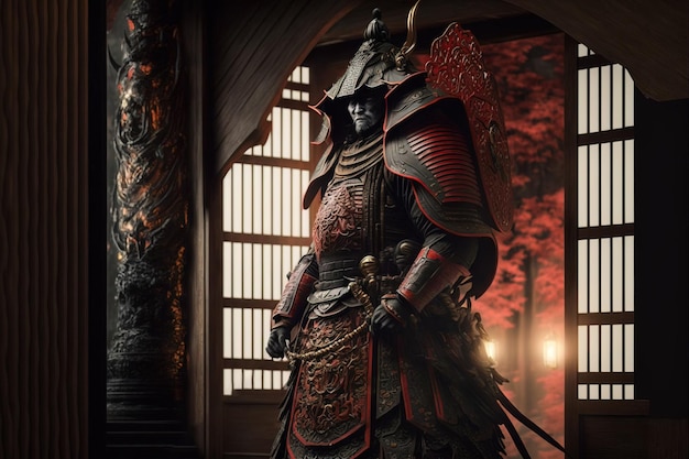 Samurai antigo preparando-se para armadura de combate de renderização 3d de bambu preto e vermelho brilhante tecido