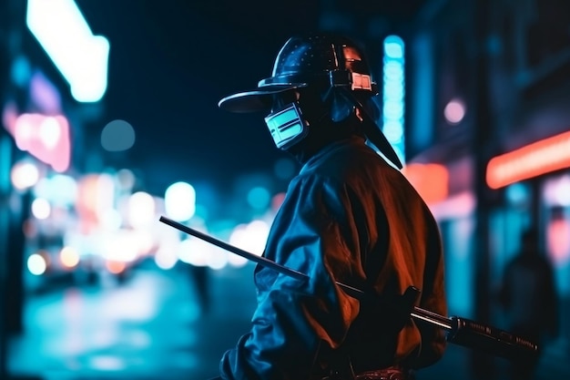 Samurai armado y calle con luces de neón borrosas en la noche en ai generativo de fondo