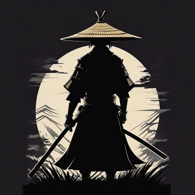 Un samurai en el bosque con una luna llena en la noche