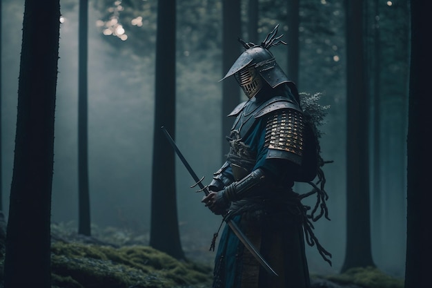 Un samurai se para en un bosque con las palabras samurai en el frente.