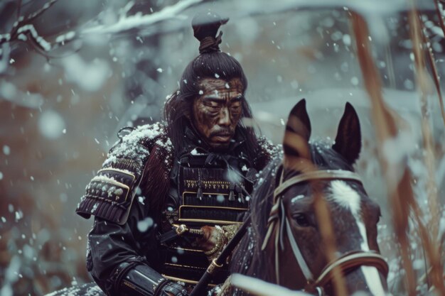 Samurai a caballo con suaves tonos de invierno