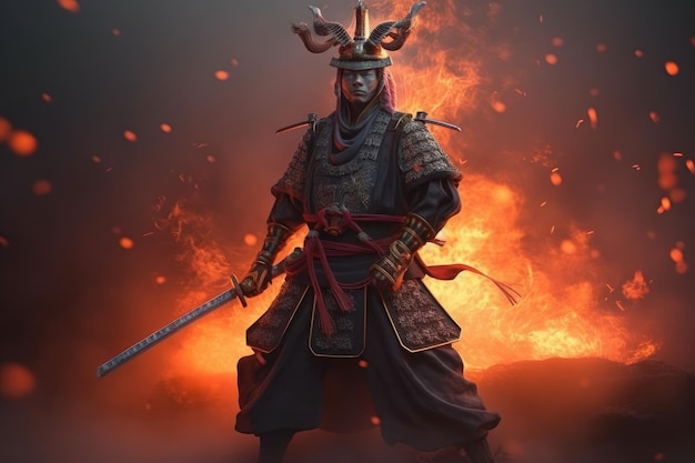 Samurai com chamas de katana Gerar Ai