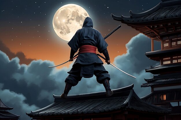 Foto samurai com katana na frente de uma lua cheia à noite