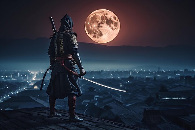 Foto samurai com katana na frente de uma lua cheia à noite